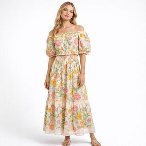 Rachel Zoe Floral Pineapple Peasant Top & Maxi Skirt Set Boho Cottagecore Size 2